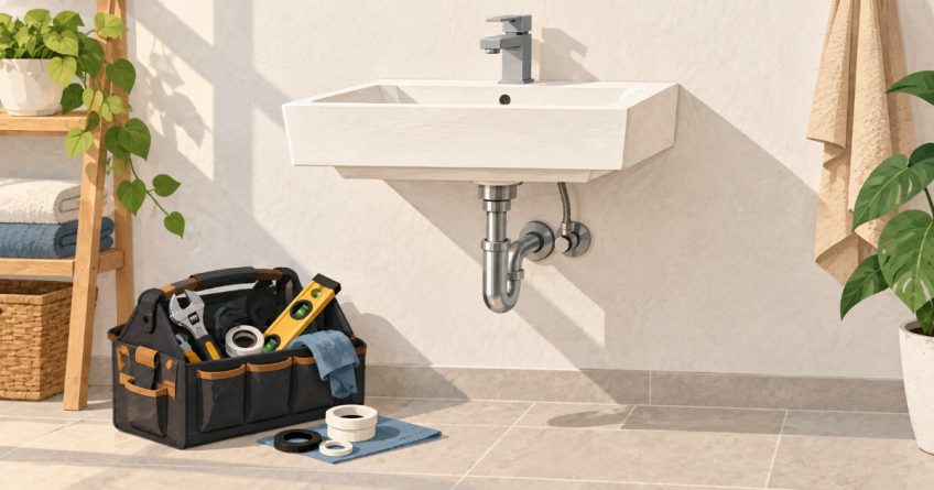 Umyvadlo na stěně se sifonem a otevřená taška s nářadím na podlaze